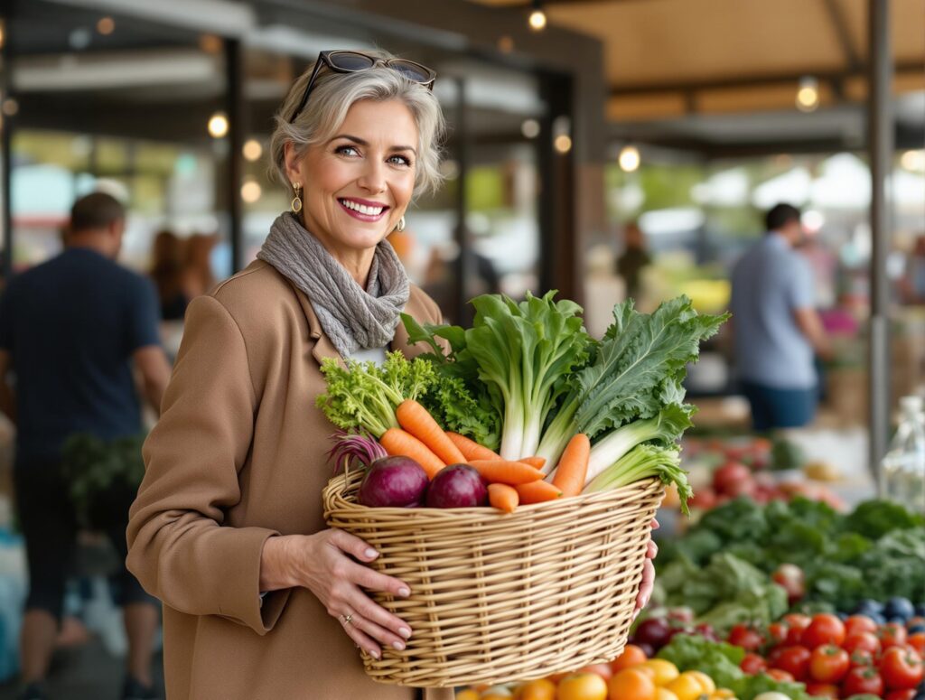 Superfoods diese fitte Frau um die 50 holt ihr regionales essen mit einem großen korb