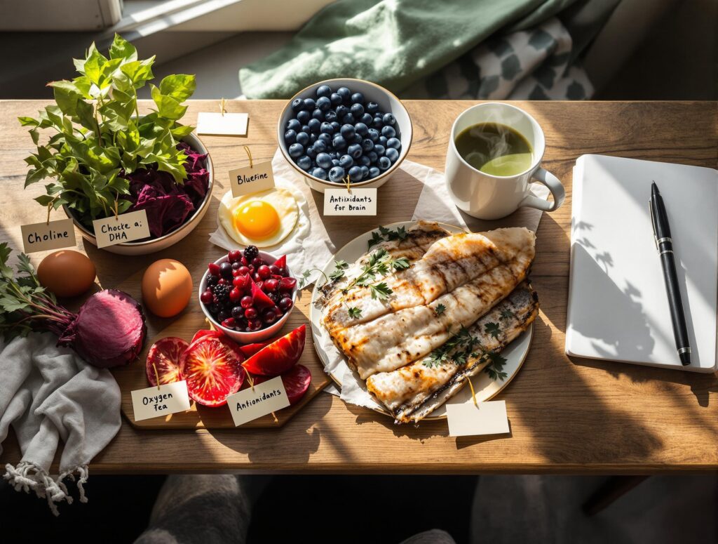 Superfoods für gehirngesundheit sind eier, fetter fisch, heidelbeeren.