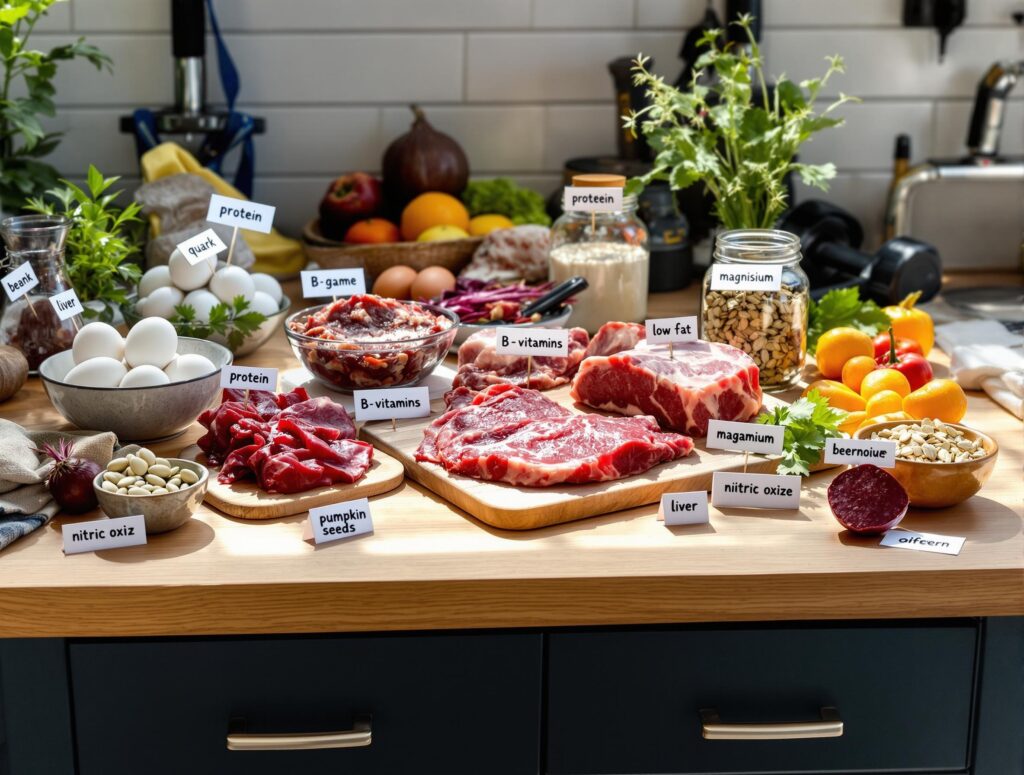 Superfoods für knochengesundheit präsentiert, rindfleisch, eier, kürbiskerne.