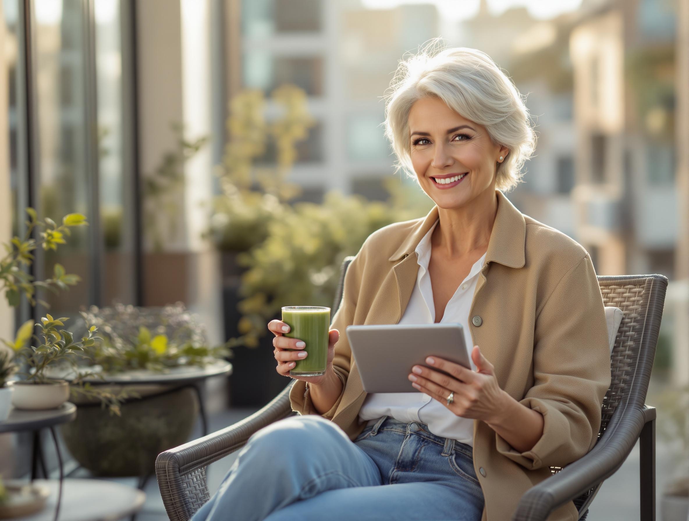 Bes ager technikaffine ältere dame mit tablet und grünem smoothie – digital und gesundheitsbewusst