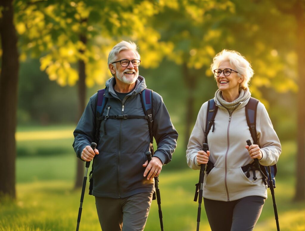 Best ager beim nordic walking, aktiv, gesund und naturverbunden