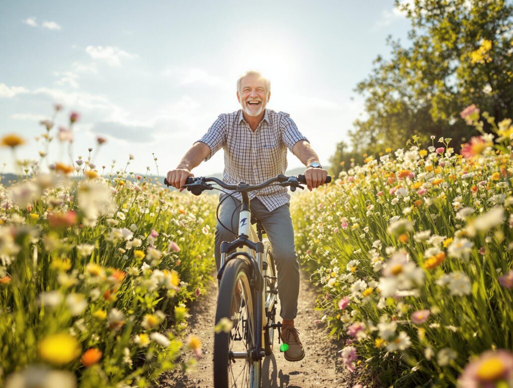 Best ager beim radfahren in der frischen natur