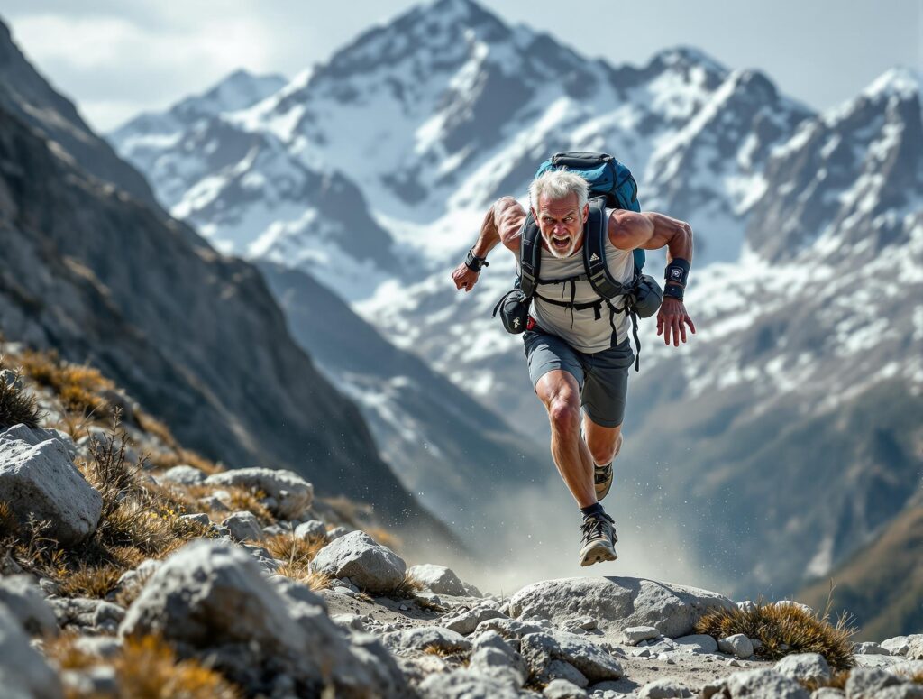 Best ager männlicher trailrunner voller energie beim bergauflaufen