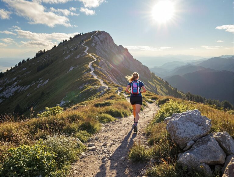 Bewegung mit berglauf macht dieser fitten dame spaß auf einem berggrat entlang bei schönem wetter