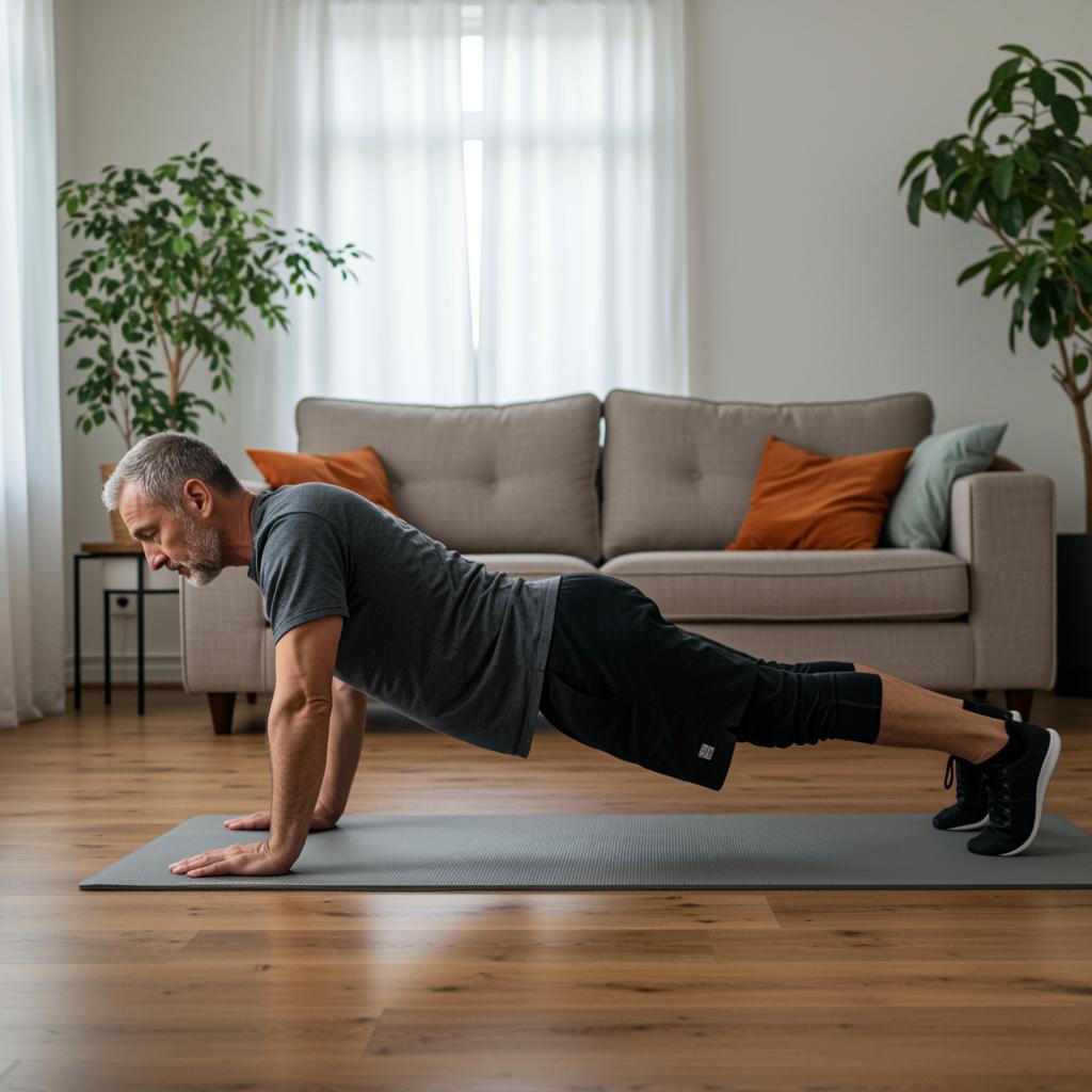 Ganzkörpertraining auf einer gymnastikmatte macht dieser sportliche ältere herr jeden tag