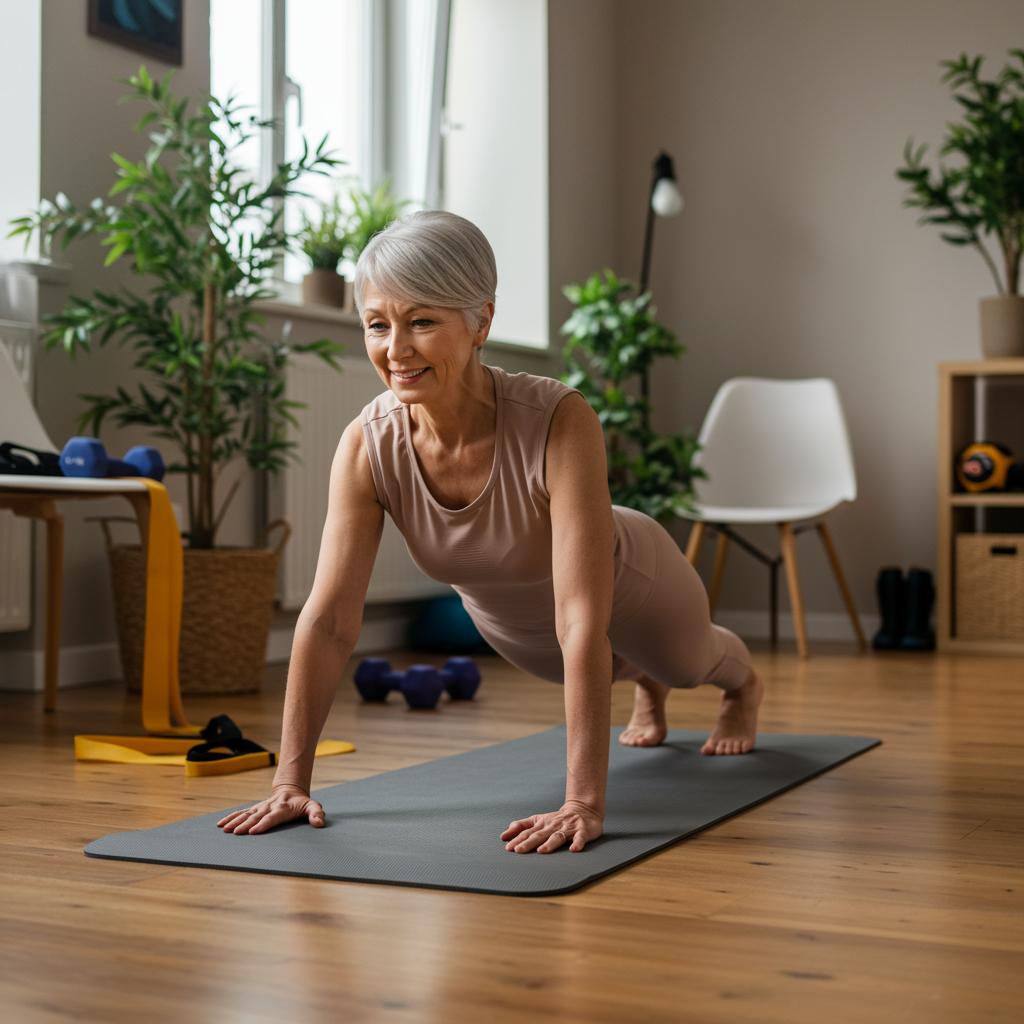 Ganzkörpertraining auf einer passenden fitnessmatte macht dieser älteren dame spass.