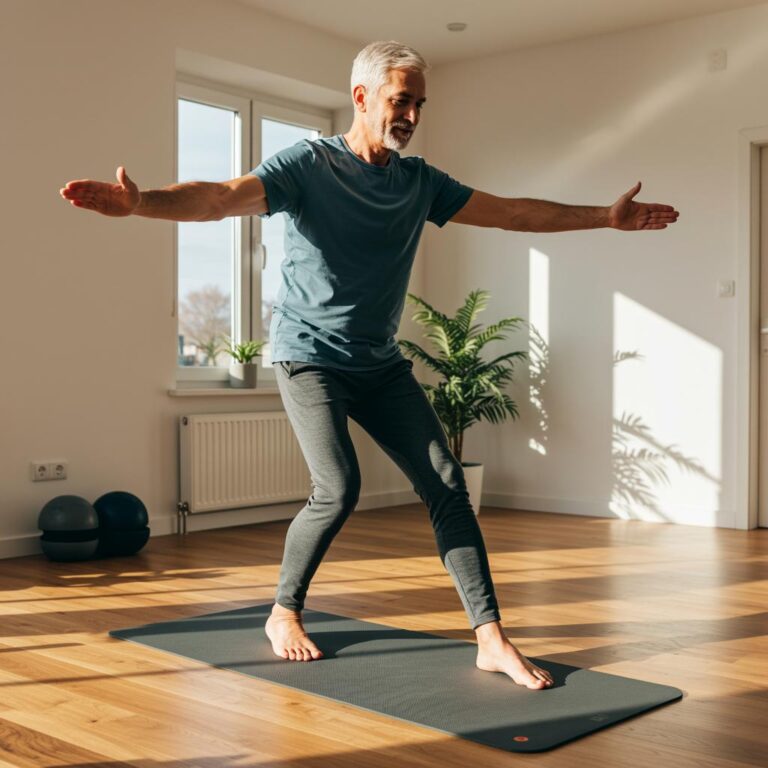 Ganzkörpertraining mit balanceübungen sind für diesen semior auf der rutschfesten fitnessmatte ein genuss