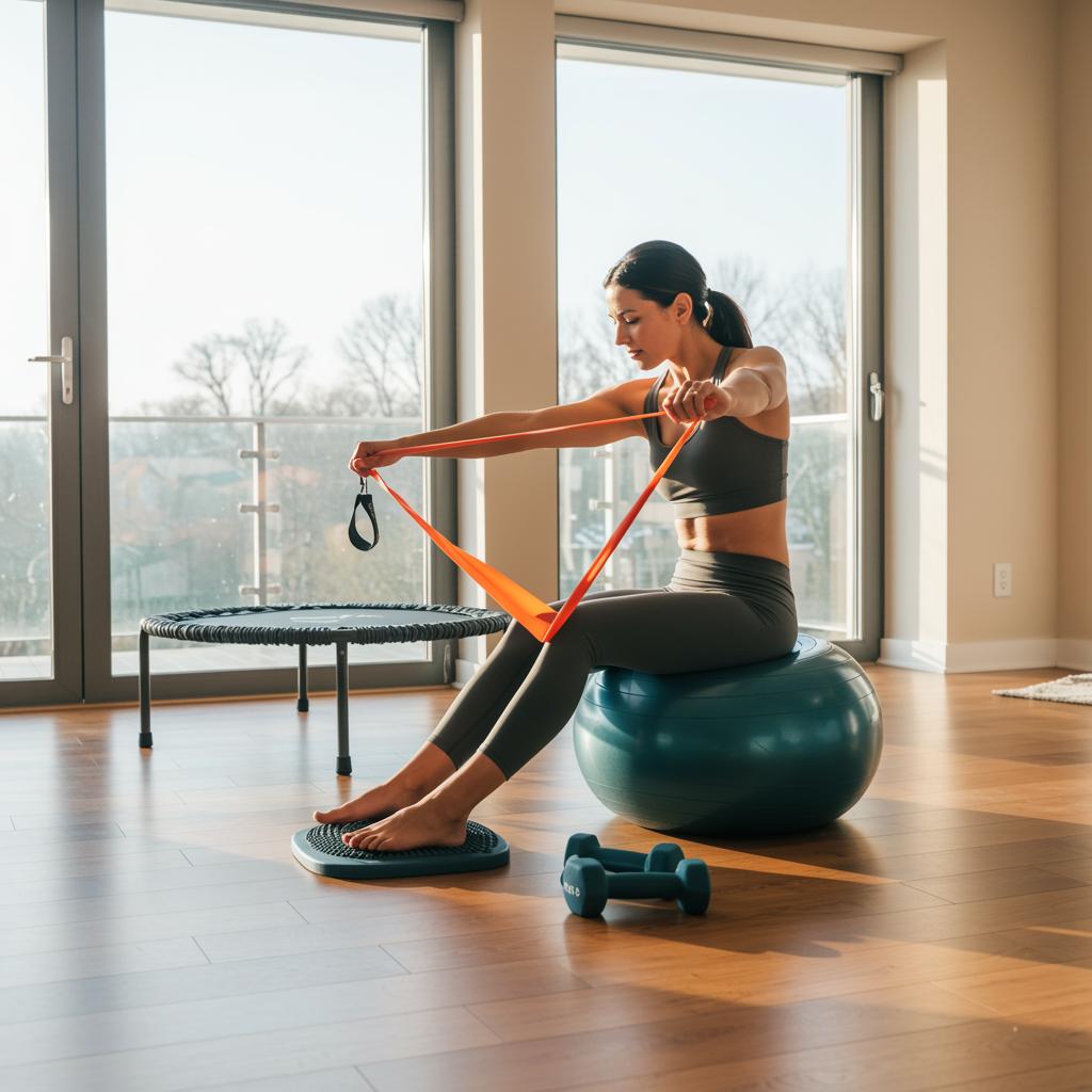 Ganzkörpertraining mit widerstandsbändern zu hause ist für diese fitte dame tägliche routine