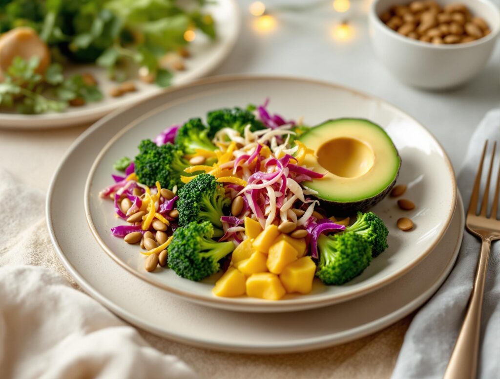 Gesund ernährung, ein bunter teller mit gedünstetem brokkoli, fermentiertem gemüse, avocadohälfte und kürbiskernen.