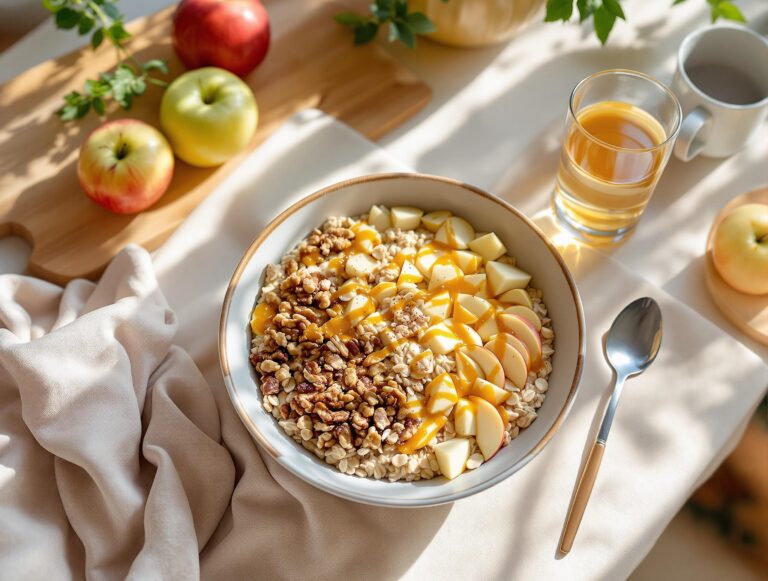 Gesunde Ernährung beginnt für best ager mit einem starken Frühstück mit haferflocken uns Walnüssen.