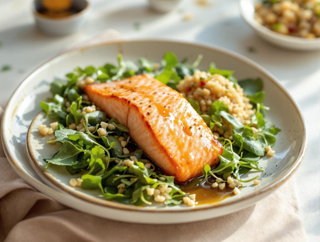 Gesunde ernährung für senioren mit mittagsteller mit wildlachsfilet auf grünem blattgemüse, dazu rohes sauerkraut.