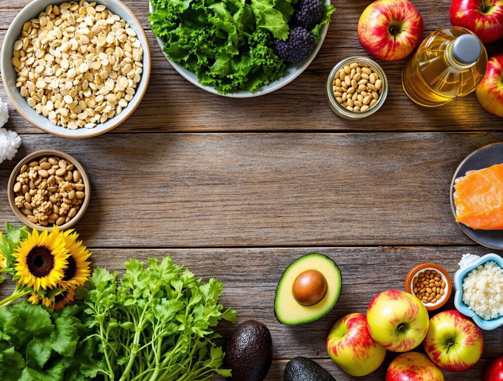 Gesunde ernährung für best ager ist mit Äpfeln, gründkohl, nüssen, haferflocken und lachsforelle einfach.