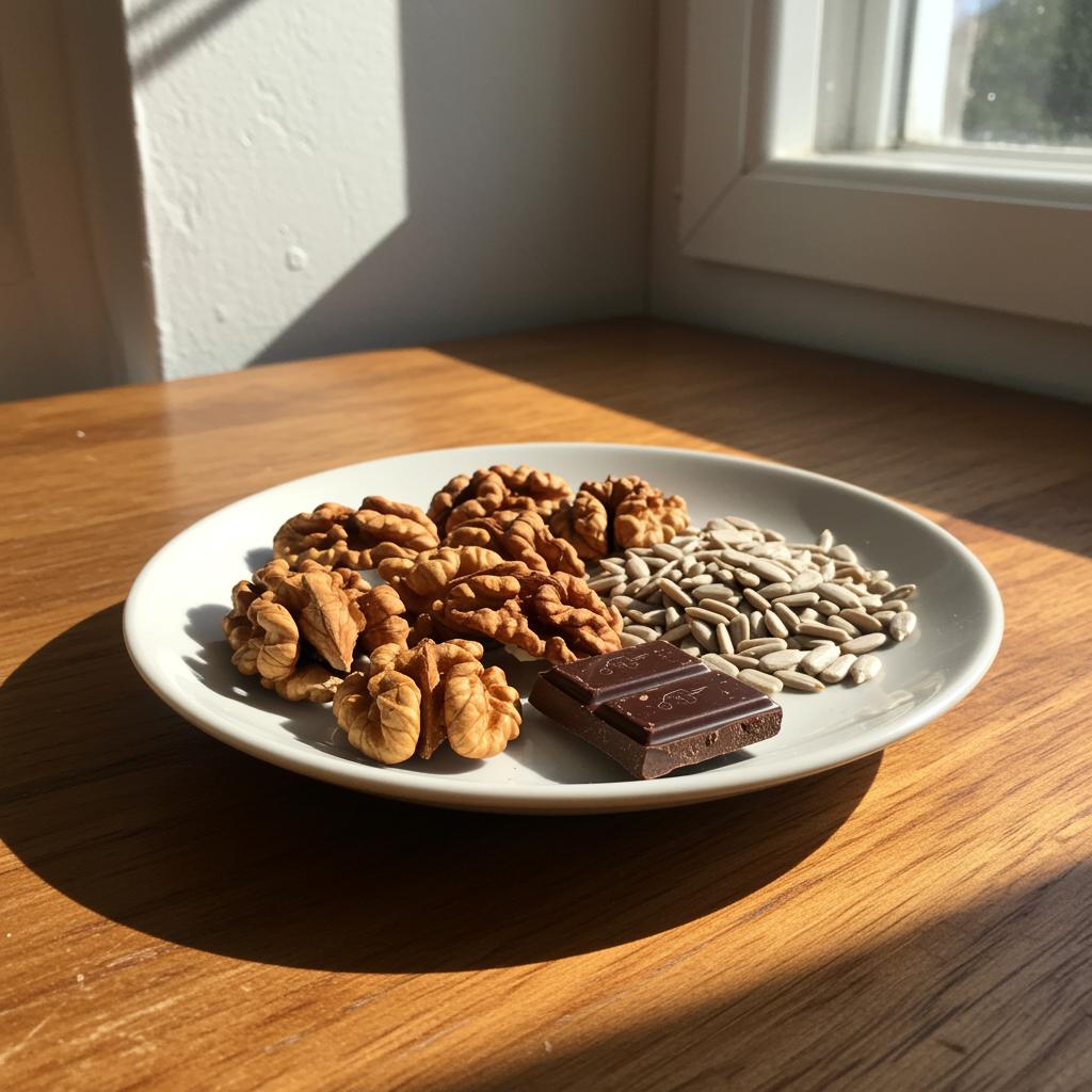 Gesunde ernährung ist auch einfach ein kleiner snackteller mit walnüssen, sonnenblumenkernen und dunkler schokolade.