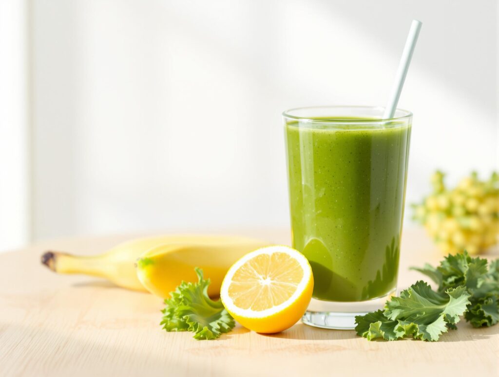 Gesunde Ernährung mit einem frischen Grünkohl-Smoothie, mit Banane und Zitrone für Senioren-Wellness.