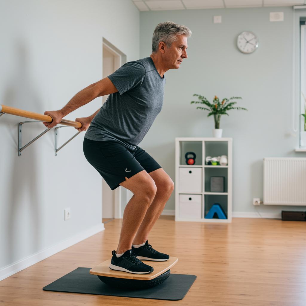 Gleichgewichtstraining auf diesem wackelbrett ist für diesen senior eine gute fitnessübung. symbolbild.