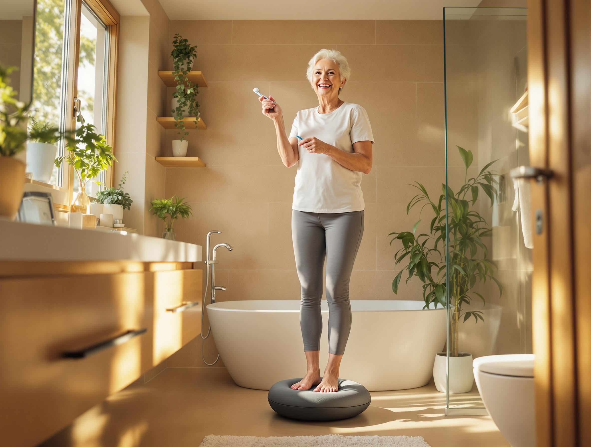 Gleichgewichtstraining mit wackelkissen von dieser älteren dame beim zähneputzen