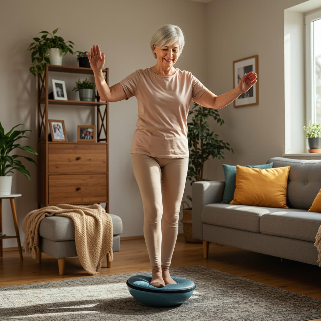 Gleichgewichtstraining zu hause im wohnzimmer ist für diese fitte ältere dame ein muss
