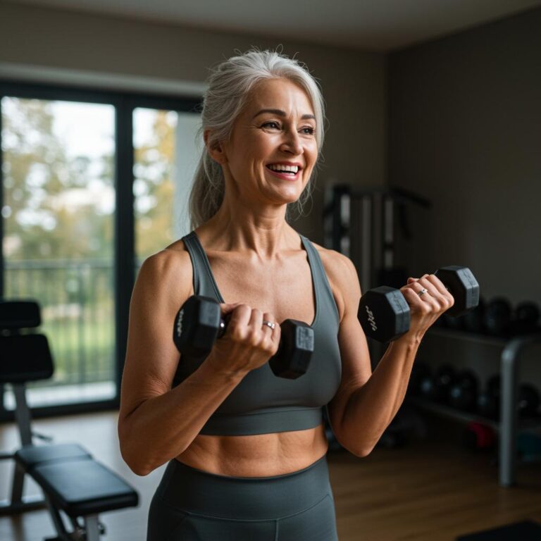 Krafttraining mit Kurzhanteln sorgt für fitness und lebensfreude bei dieser sportlichen älteren dame