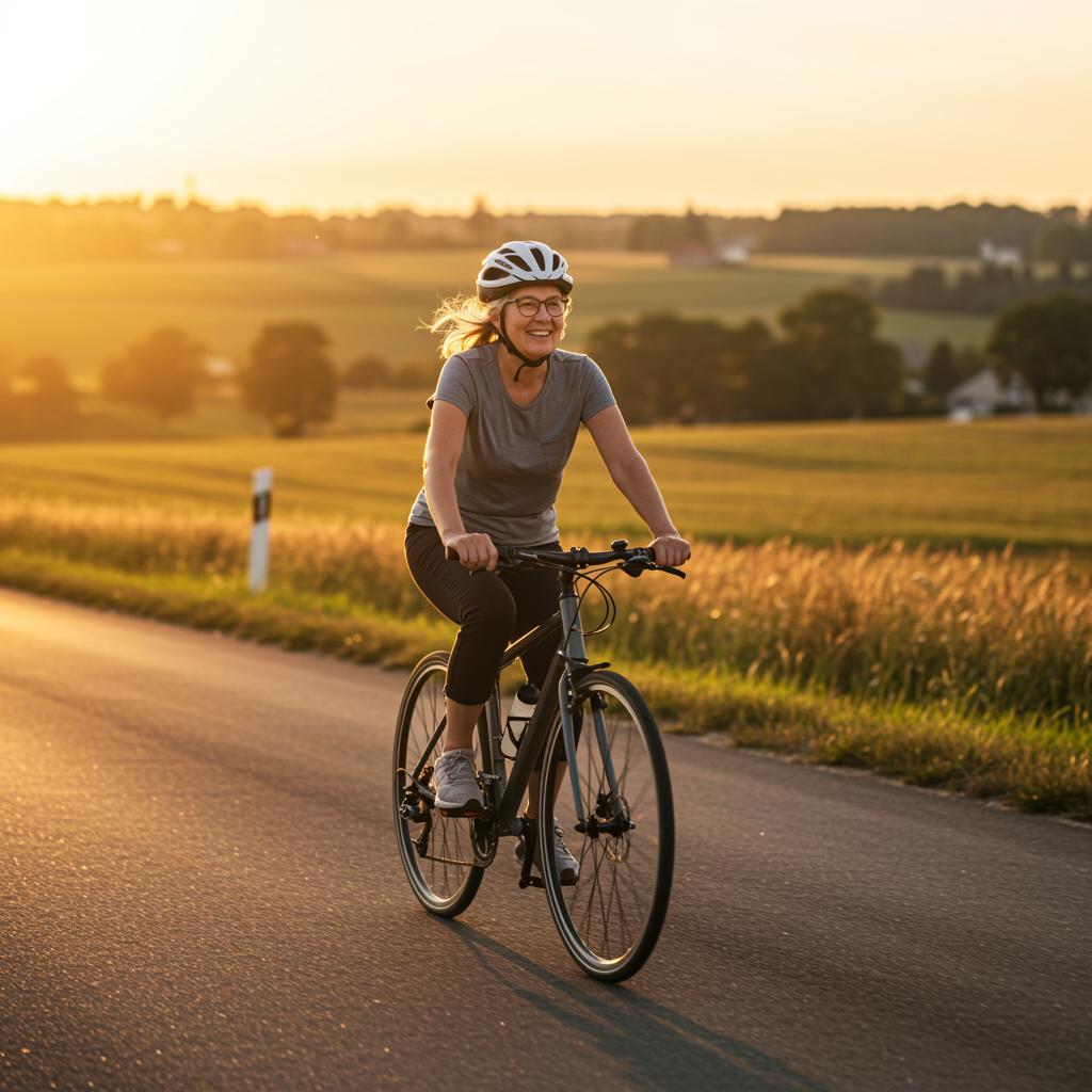 Seniorenfitness, ältere frau radelt entspannt, das ist moderates ausdauertraining zur herz kreislauf stärkung