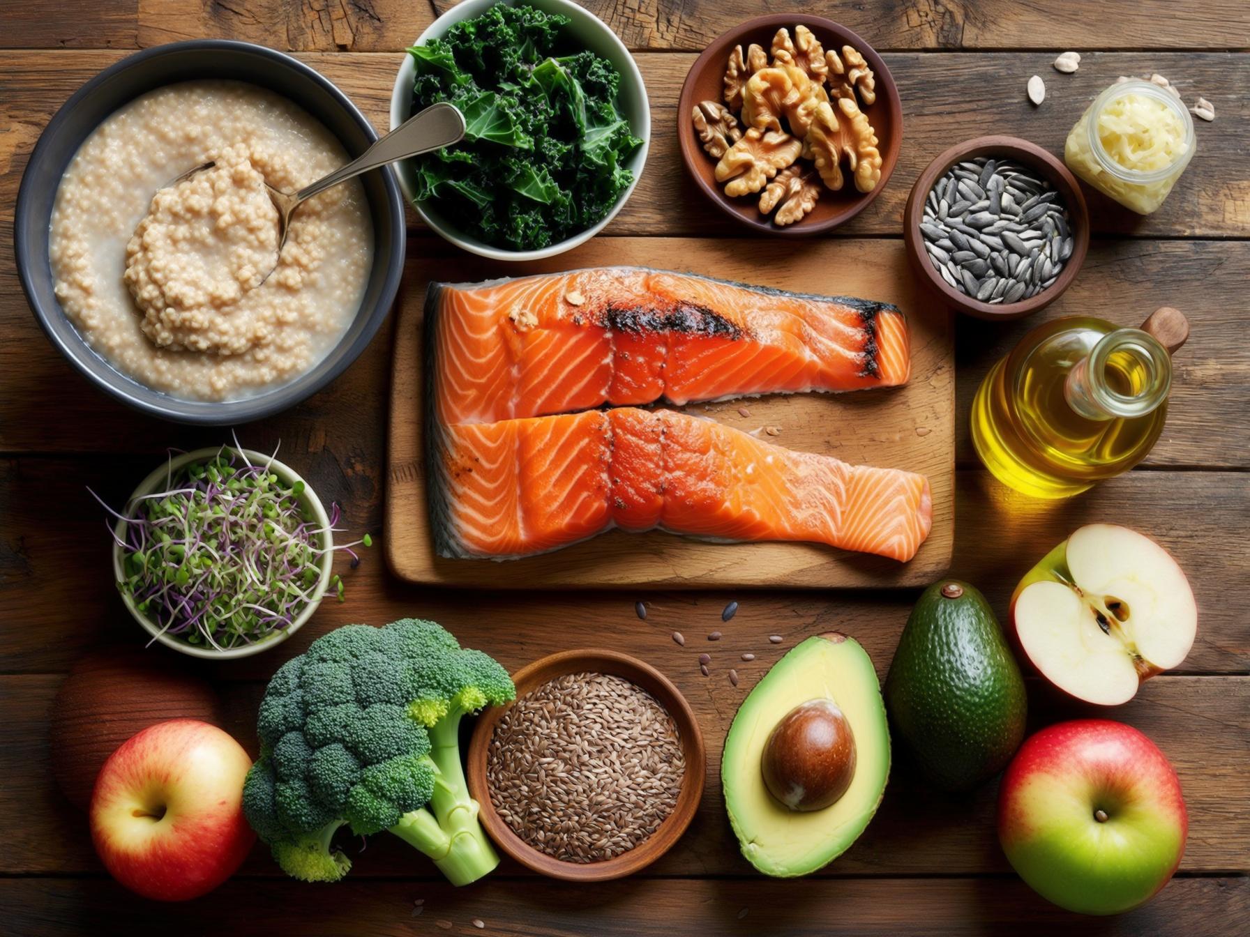 Superfoods für Lebensfreude und Energie für Seniorengesundheit mit Beeren, Nüssen, Lachs, Brokkoli und Äpfel.