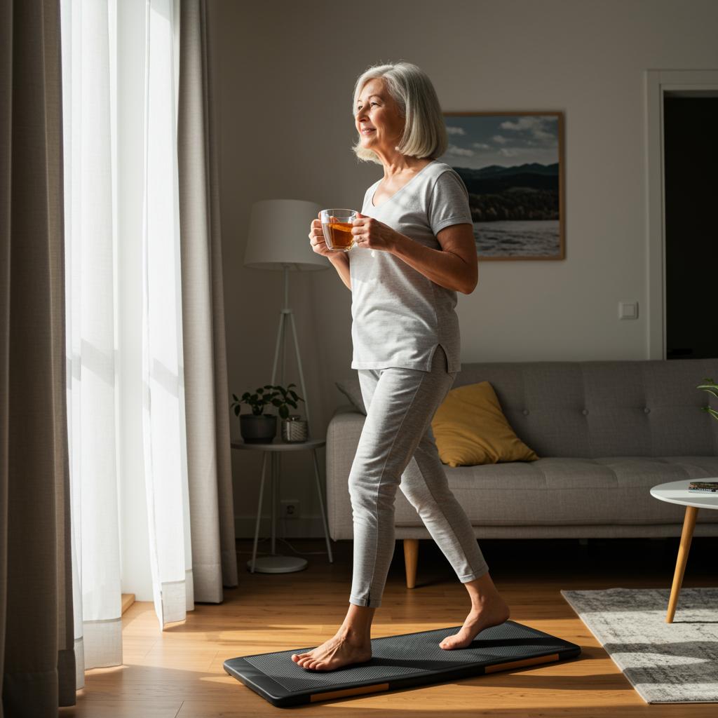 Walking Pad ist für diese ältere Dame für zu hause ideal, einfach gehen und tee trinken