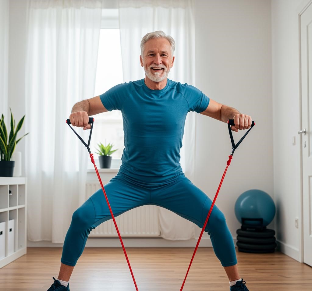 Widerstandsbänder eignen sich optimal für diesen Senior für starkes Ganzkörpertraing.