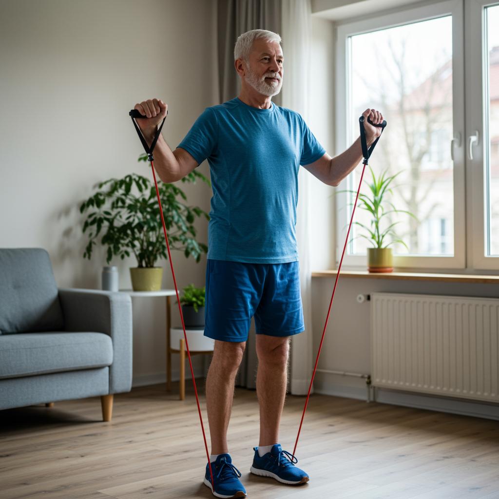 Widerstandsbänder sind für ganzkörpertraining für diesen fitten älteren herrn optimal.