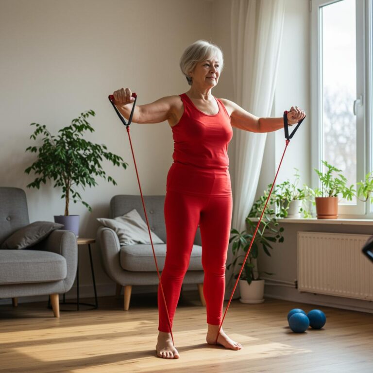 Widerstandsbänder sind für diese sportliche ältere dame ein einfaches, spaß machendes fitnesstraining.