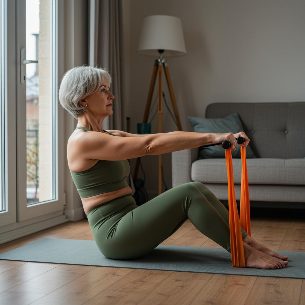 Widerstandsbänder sind für dieseältere dame ein einfaches fitnessgerät für ganzkörpertraining.