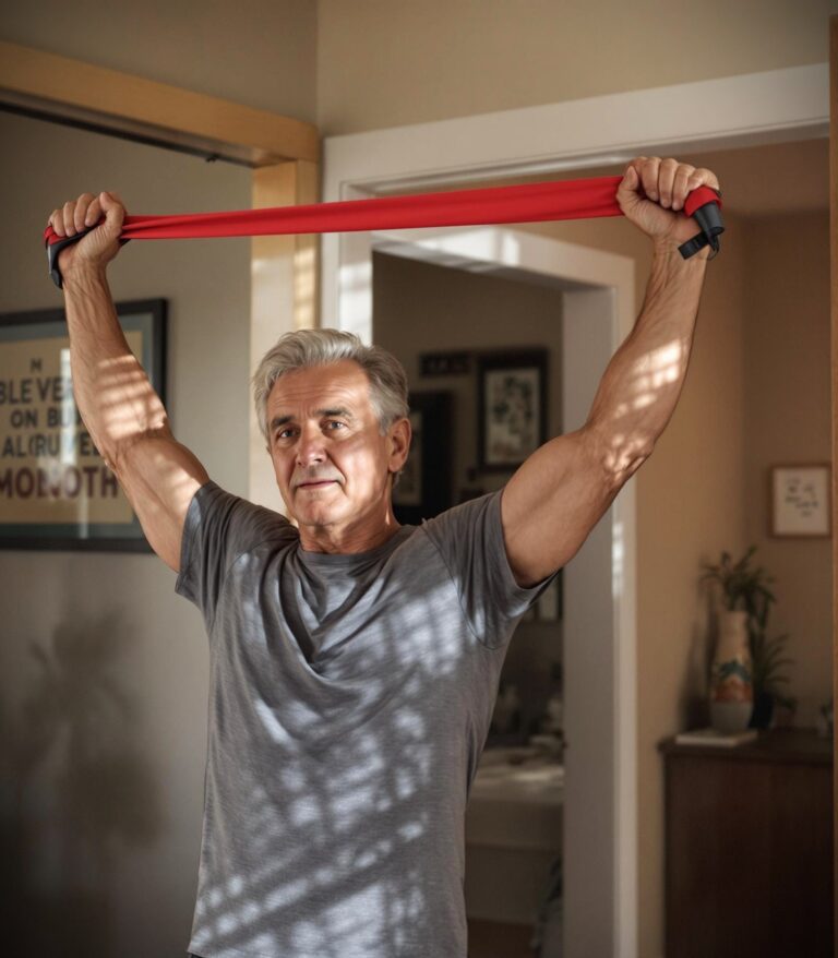 Widerstandsbänder verwendet dieser sportliche ältere herr für sein Krafttraining.