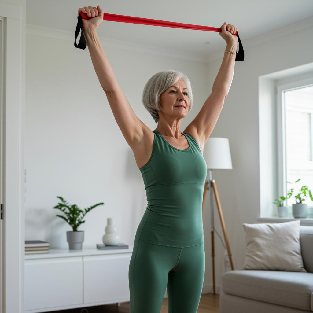 Widerstandsbänder werden von dieser fitten seniorin für krafttraining verwendet.