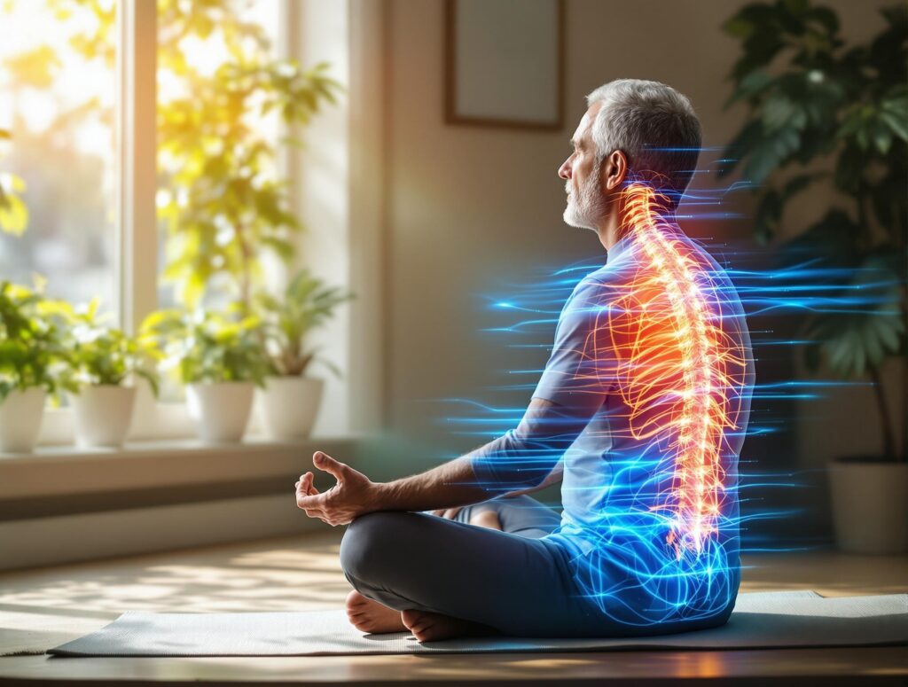 Senior meditiert im Sonnenlicht, überlagert von Visualisierung braunen Fetts mit Energiepulsen – Symbol für Thermogenese und Umwandlung von weißem zu braunem Fett durch Biohacks wie Achtsamkeit.

