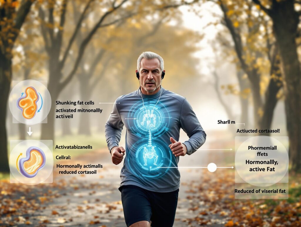 Mann joggt durch einen herbstlichen Park. Symbole zeigen, wie Bewegung viszerales Fett reduziert und Mitochondrien aktiviert. Symbol für zelluläre Umprogrammierung durch Bewegung.