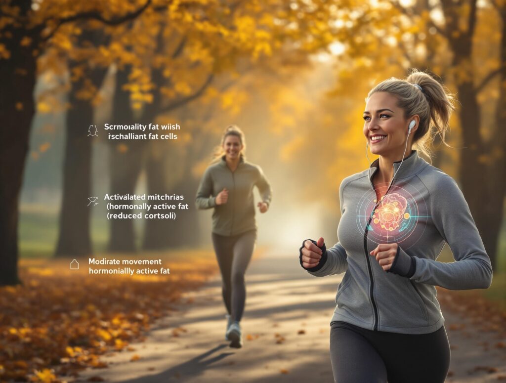 Frau in den 50ern joggt durch herbstlichen Park bei Morgendunst. Grafiken zeigen, wie Bewegung viszerales Fett reduziert und Mitochondrien aktiviert. Symbol für zelluläre Umprogrammierung durch Bewegung.