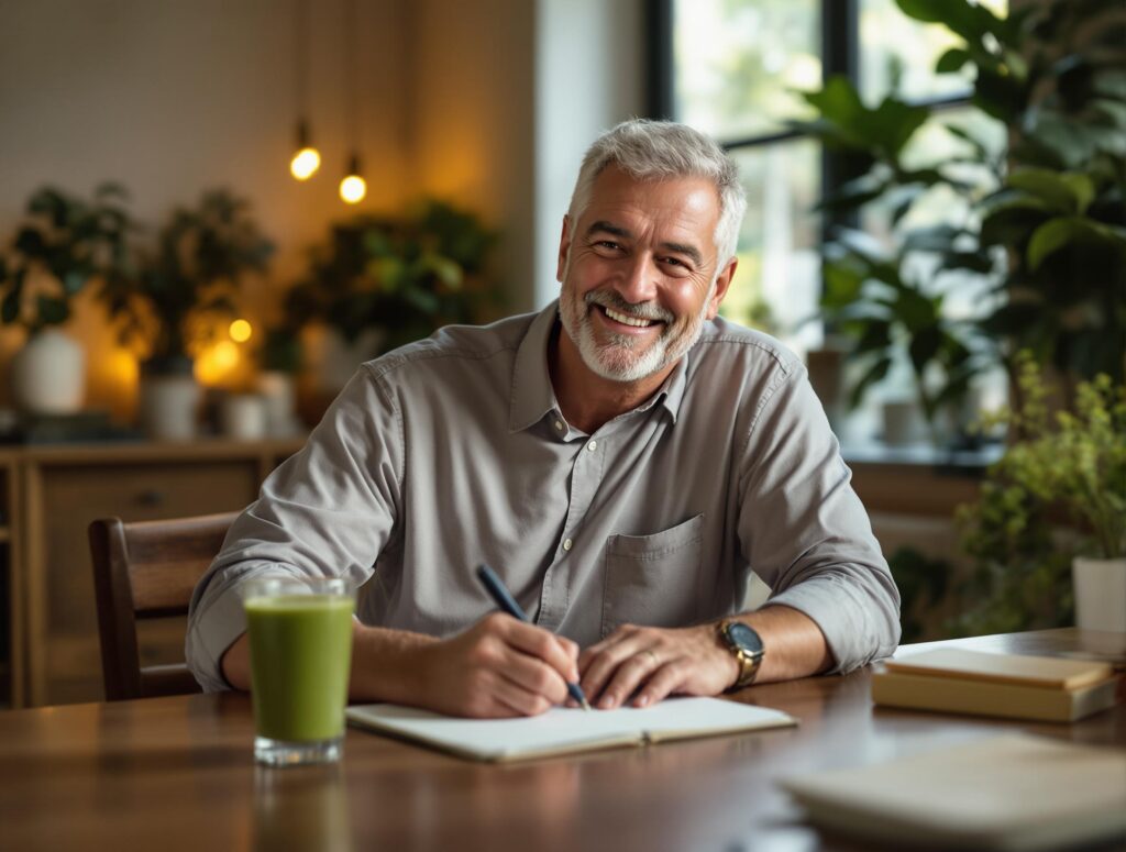 Mann schreibt in sein Gesundheitsjournal bei Smoothie und Pflanzen – ein stiller, motivierender Moment voller Selbstreflexion.


