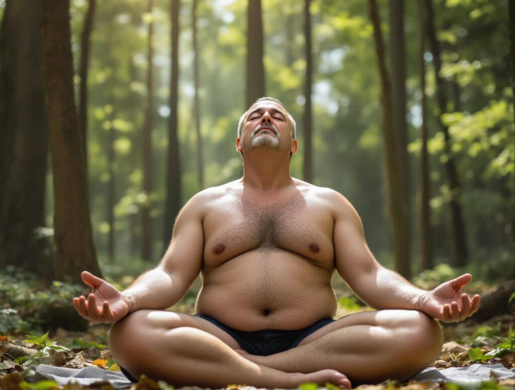 Mann mittleren Alters, leicht übergewichtig, sitzt meditierend im Wald, sonnenbeschienen, ruhig – Symbol für Achtsamkeit und inneres Gleichgewicht.