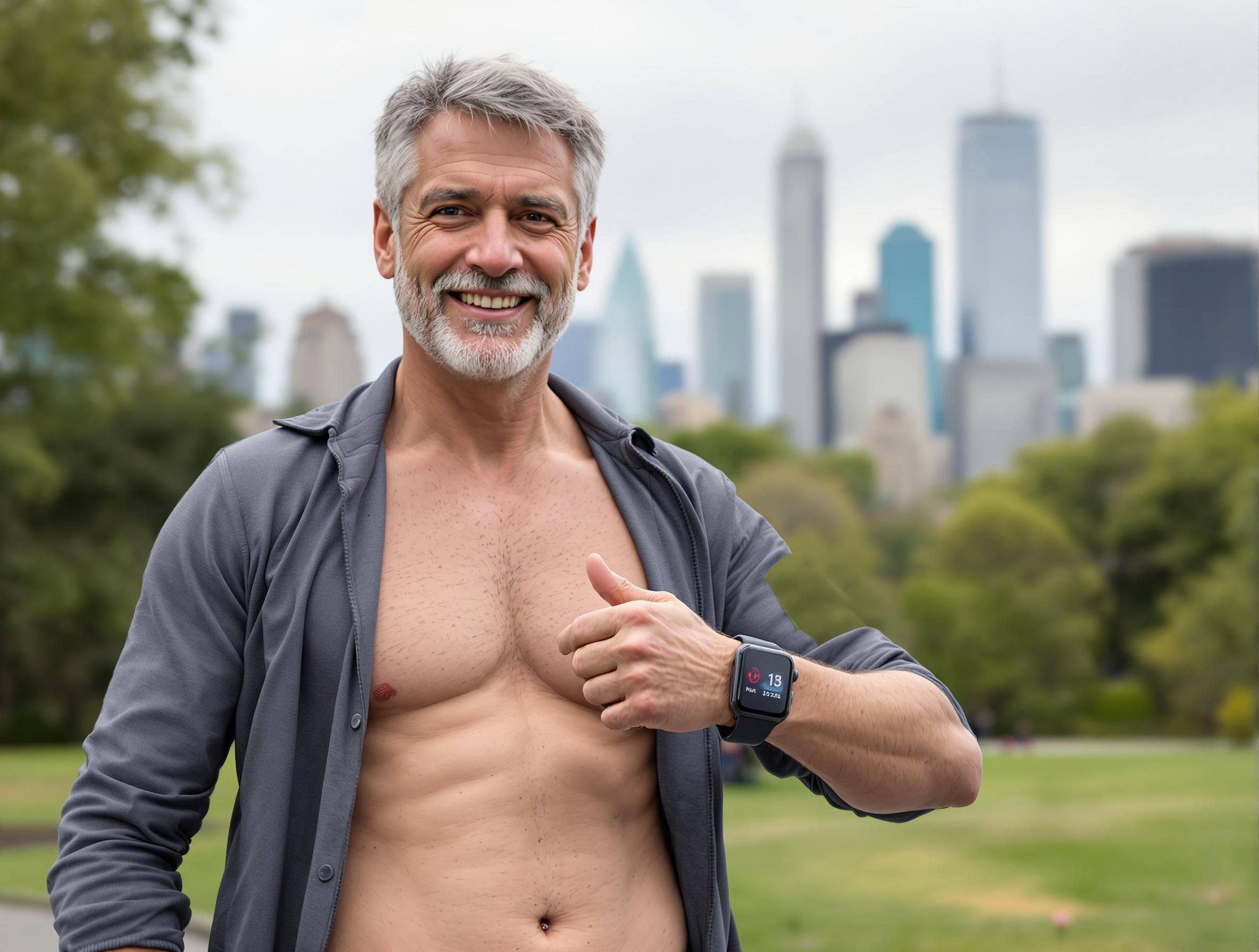 Mann zeigt stolz seine Fitnessuhr nach dem Training im Park – Motivation pur durch sichtbaren Fortschritt.