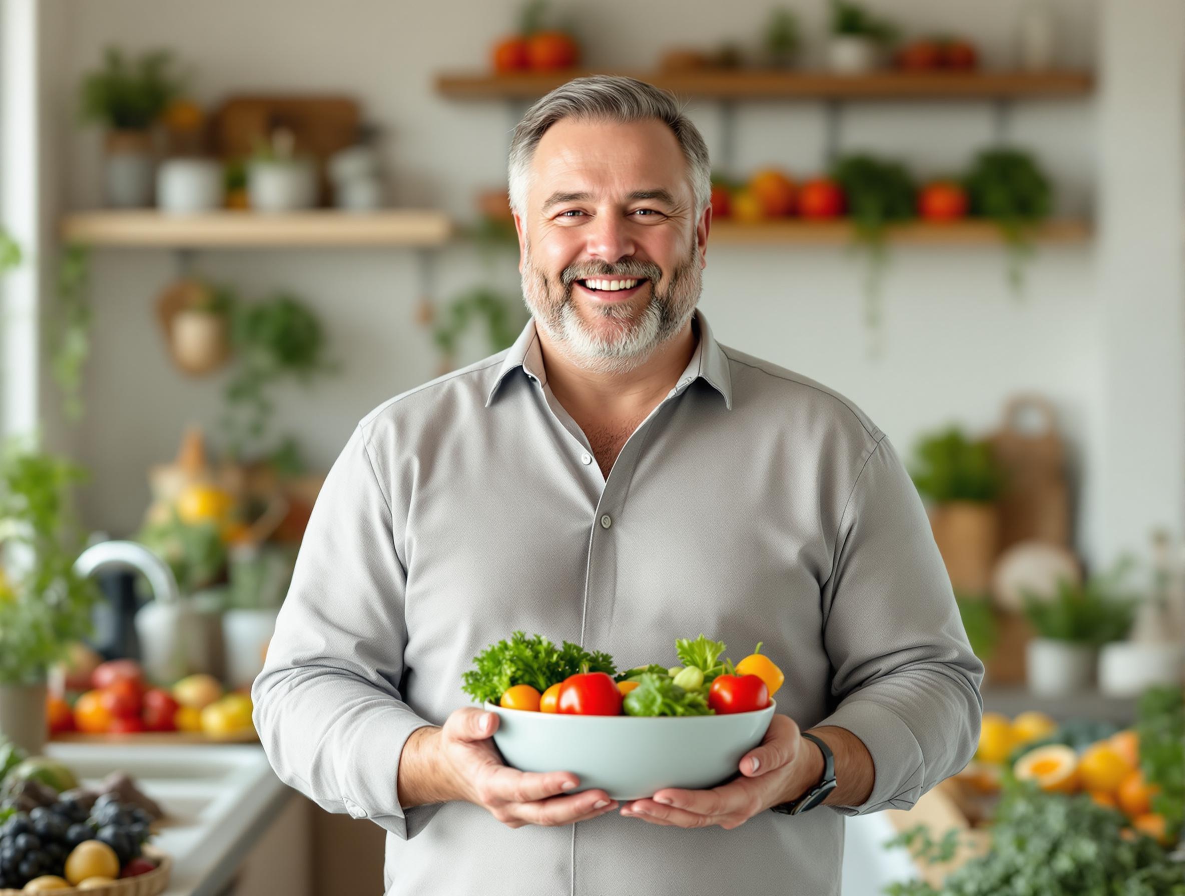 Mann mittleren Alters mit kleinem mit Bierbauch steht lächelnd und stolz in einer hellen Küche, hält eine Schale Gemüse – Symbol für einen gesunden Neustart.