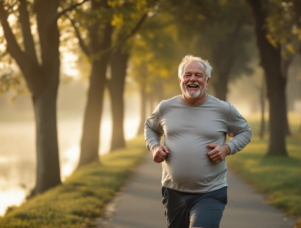 Älterer Mann mit leichtem Bauchansatz joggt frühmorgens im Park, lächelt zufrieden – Sinnbild für gesunde Routine und neuen Lebensmut.