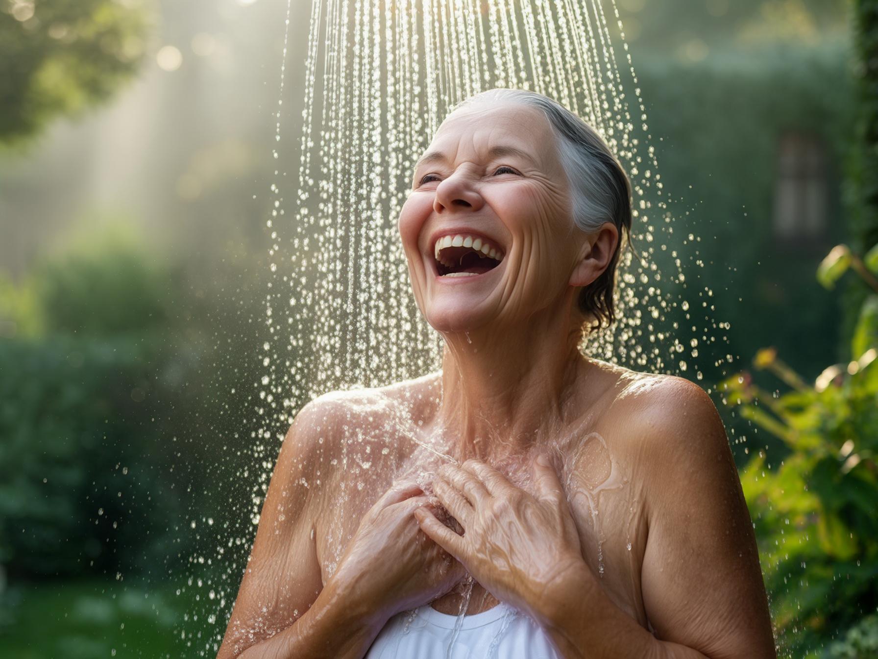 Ältere Frau duscht draußen unter kaltem Wasser, lacht befreit, umgeben von grüner Natur – Symbol für Vitalität und gesunden Lebensstil.