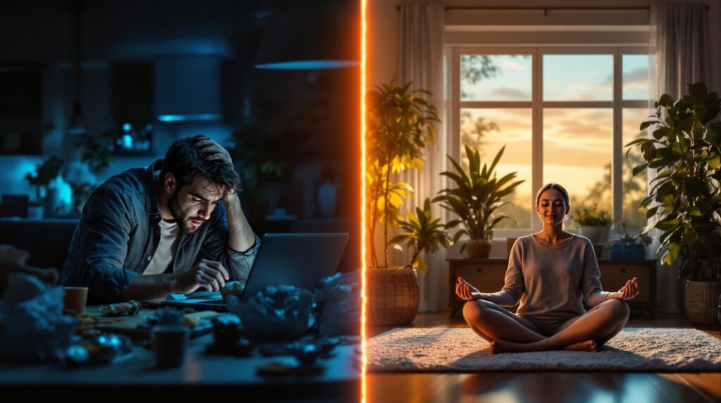 Links eine gestresste Person bei Nachtarbeit mit Süßigkeiten, rechts eine meditierende Person im Morgengrauen, umgeben von Pflanzen und sanftem Licht. Kontrast zwischen Stress und Entspannung als Einfluss auf viszerales Fett – klar sichtbar durch Mimik und Lichtstimmung.
