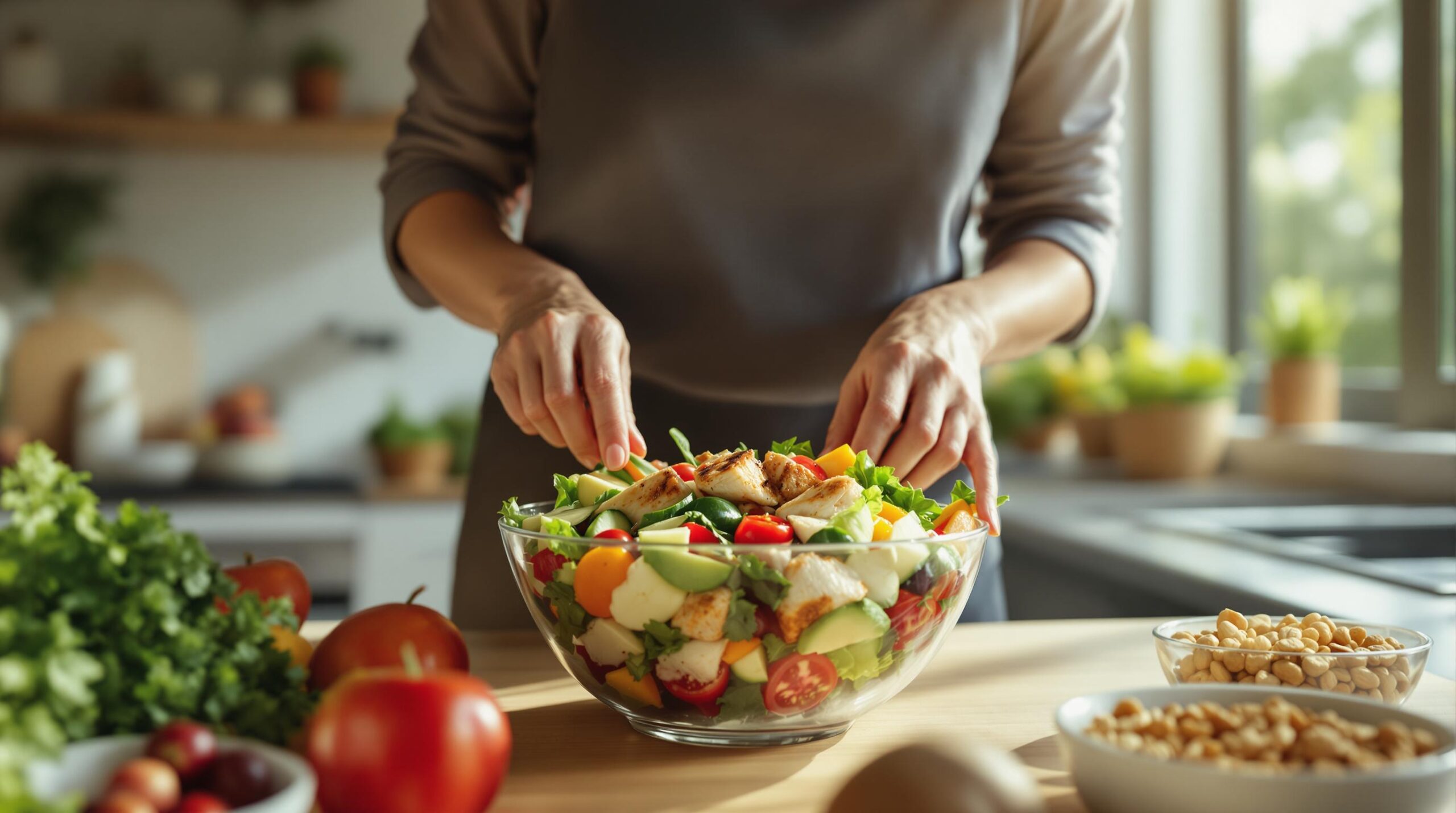 Eine strahlende Frau in den 60ern bereitet in einer sonnendurchfluteten Küche einen bunten Salat mit frischem Gemüse, magerem Eiweiß und gesunden Fetten zu.