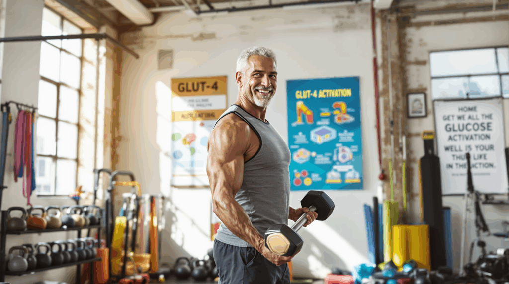 Älterer fitter Mann beim Krafttraining in heller Umgebung, Fokus auf Muskelaufbau und Aktivierung ab 50. Symbolbild.