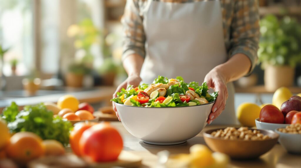 Eine Frau bereitet in einer hellen Küche einen bunten Salat mit frischem Gemüse, magerem Eiweiß und gesunden Fetten zu.