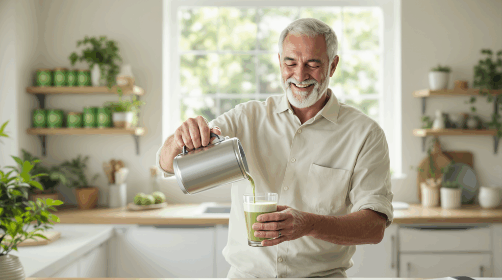 Älterer Herr bereitet Matcha-Latte zu, moderne Küche, gesunder Lifestyle. Fokus auf Geschmack, Klarheit und Energie durch Matcha und L-Theanin.