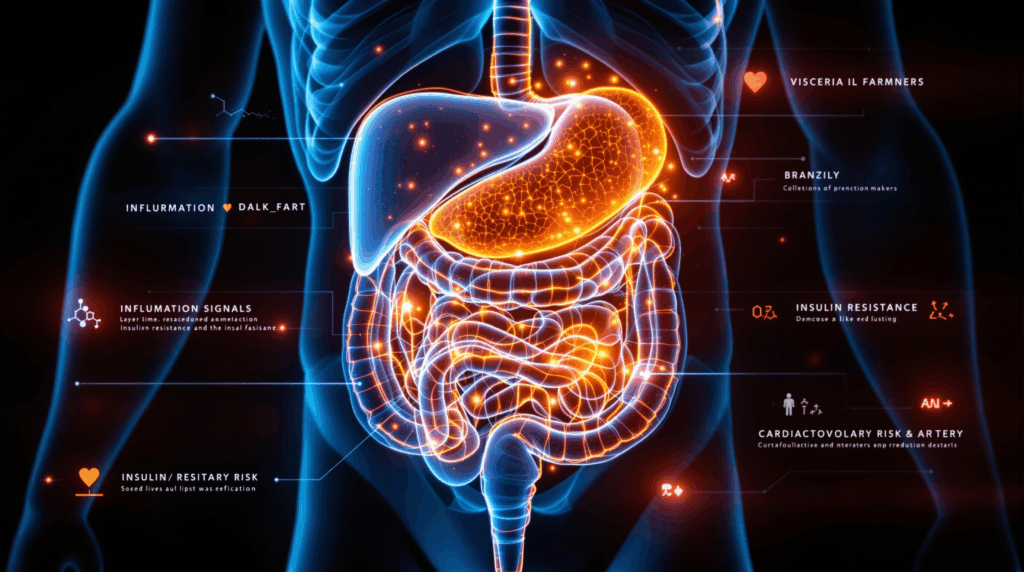 Hoch detaillierte medizinische Visualisierung: Viszeralfett umgibt transparent dargestellte Organe wie Leber und Darm. Digitale Markierungen zeigen Entzündungswerte, Insulinresistenz und Krankheitsrisiken.