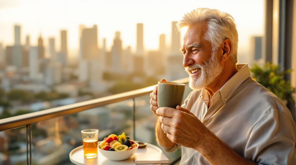 Älterer sportlicher Mann genießt grünen Tee und Intervallfasten am Morgen mit Blick auf Sonnenaufgang, Symbol für gesunden Lebensstil ab 50.