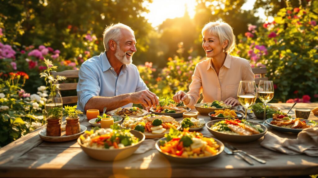 Ein fröhliches Paar Mitte 50 genießt eine ausgewogene Mahlzeit an einem schönen Gartentisch, umgeben von blühenden Blumen.