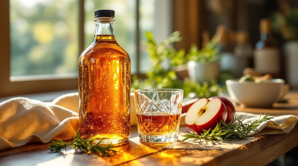 Hochwertiger Apfelessig in Glasflasche auf rustikalem Holztisch mit natürlichem Licht. Apfelessig gut für Gesundheit.