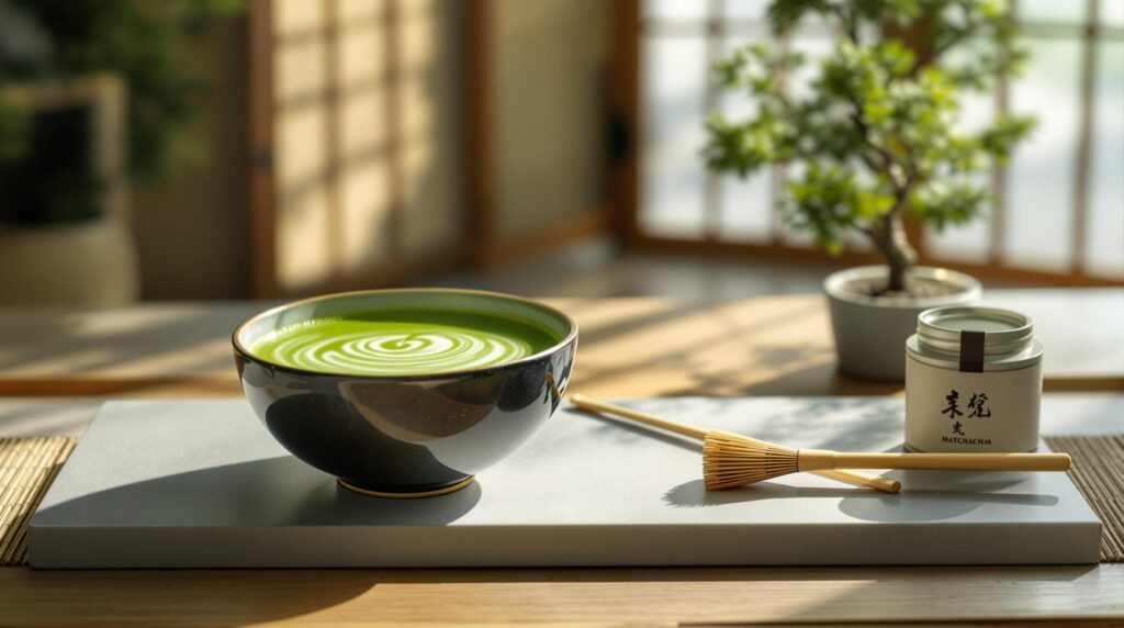 Frisch zubereiteter Matcha-Tee in Keramikschale mit Bambusbesen – hochwertiger grüner Tee für gesunde Morgenzeremonie.